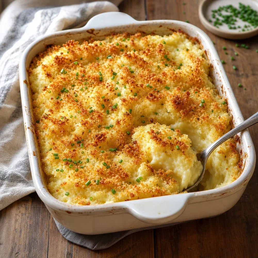 Kartoffelpüree-Auflauf mit geröstetem Knoblauch und knuspriger goldener Kruste