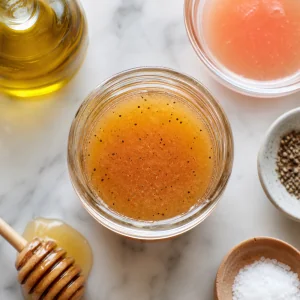 Citrus vinaigrette made with grapefruit juice, honey, olive oil, vinegar, salt, and pepper