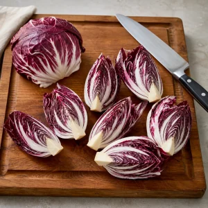 Fresh radicchio cut into eight wedges with the core intact on a cutting board