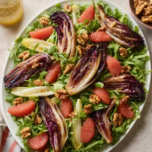 Roasted radicchio arranged over dressed greens with grapefruit segments and toasted walnuts