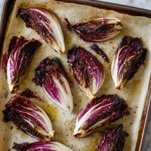 Roasted radicchio wedges with lightly charred edges on a parchment-lined baking sheet