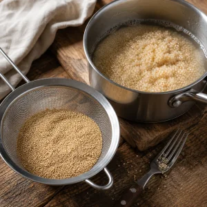 Chicchi di amaranto in un colino fine accanto a un pentolino
