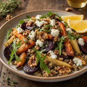 Insalata finita di radici arrosto con caprino e noci