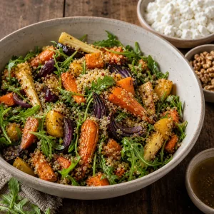 Verdure arrosto mescolate con amaranto e rucola in una ciotola grande