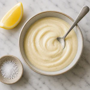 Fertige Knoblauch-Aioli mit Zitrone und Salz daneben