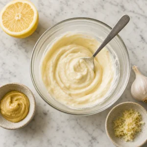 Knoblauch-Aioli wird in einer kleinen Schüssel verrührt