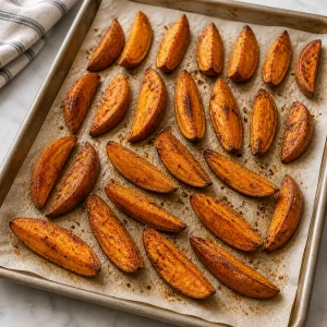 Gebräunte Süßkartoffelspalten auf einem Backblech