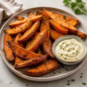 Gomos de batata-doce assados com aioli de alho em um prato
