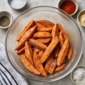 Gewürzte Süßkartoffelspalten mit Paprika und Stärke