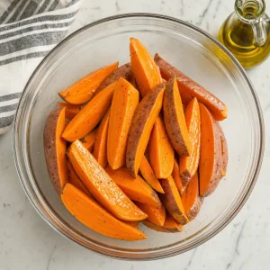 Süßkartoffelspalten in einer Schüssel leicht mit Olivenöl überzogen
