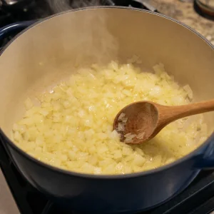 Pokrojona cebula smaży się na oliwie w garnku żeliwnym