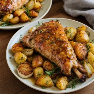 Alitas de pavo asadas y papas crujientes emplatadas con jugos calientes de la bandeja