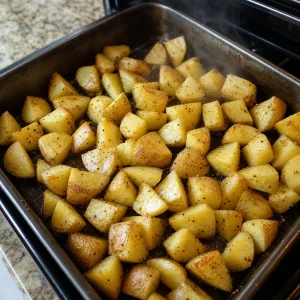 Trozos de papa mezclados con aceite de oliva sal y pimienta en una bandeja tras el primer asado