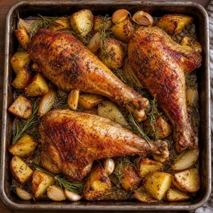 Alitas de pavo asadas y cocidas con papas doradas crujientes y jugos brillantes de la bandeja
