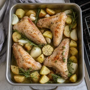 Alitas de pavo selladas acomodadas con papas ajo cebolla romero tomillo y caldo en la bandeja