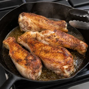 Alitas de pavo sellándose en una sartén caliente hasta dorar la piel