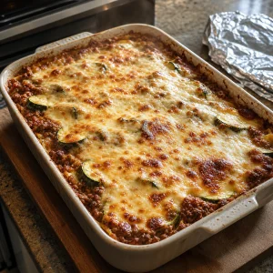 Baked zucchini beef lasagna with browned bubbling cheese