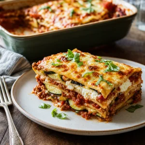 Plated slice of zucchini beef lasagna with basil
