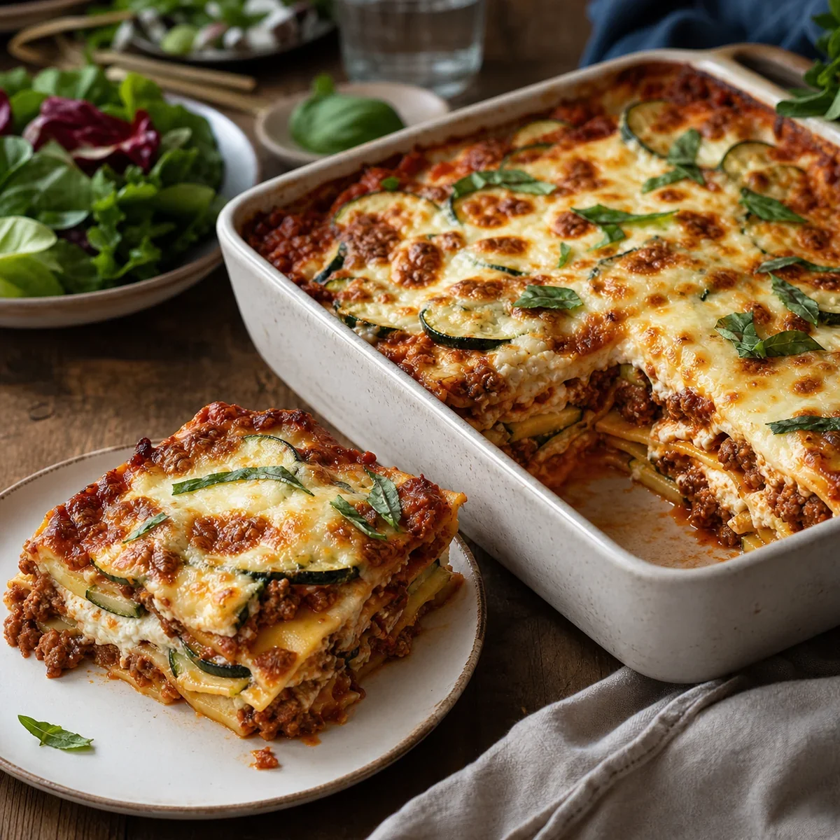 Roasted zucchini and beef lasagna with a plated portion