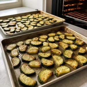 Roasted zucchini with browned edges on baking sheets