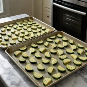 Seasoned zucchini spread on two baking sheets