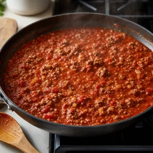 Thick beef tomato sauce simmering in a skillet