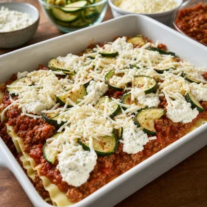 Zucchini and beef lasagna layers assembled in a baking dish