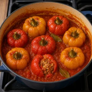 Cooked stuffed peppers in thickened tomato sauce with bay leaves