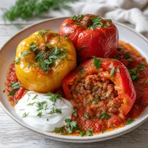 Finished Romanian stuffed peppers in tomato sauce with sour cream