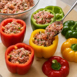 Meat and rice filling spooned into hollow bell peppers