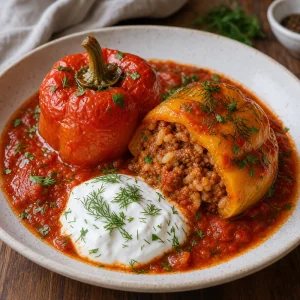 Plated stuffed peppers with tomato sauce and sour cream