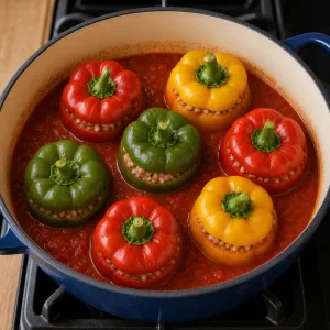 Stuffed bell peppers standing upright in tomato sauce