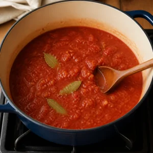 Tomato sauce base with bay leaves in a Dutch oven