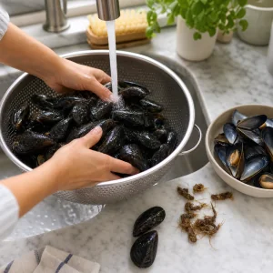 차가운 물에 헹구고 수염을 제거한 신선한 홍합