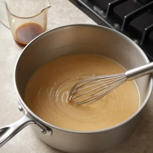 Crema al root beer mescolata con una frusta in casseruola