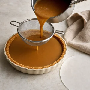 Crema al root beer filtrata nella base della crostata raffreddata