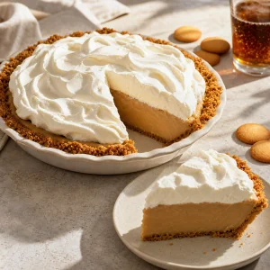 Tarte crémeuse façon root beer float découpée, avec chantilly vanillée et croûte de biscuits