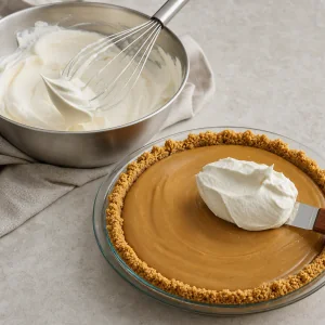 Panna montata alla vaniglia stesa sulla torta fredda al root beer