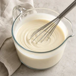 Creme de baunilha batido até ficar liso numa jarra de vidro