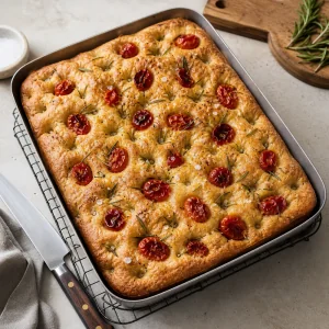 Baked rosemary tomato focaccia golden brown with blistered tomatoes