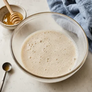 Foamy yeast mixture with warm water and honey in a mixing bowl