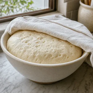 Focaccia dough covered and risen until doubled in a large bowl