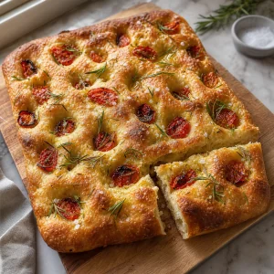 Golden rosemary and roasted tomato focaccia with flaky sea salt