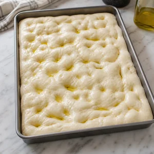 Puffy focaccia dough stretched to the edges of the baking pan