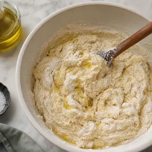Sticky focaccia dough mixed with flour, salt, and olive oil