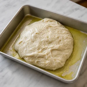 Sticky focaccia dough resting in an olive-oiled baking pan