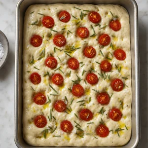 Unbaked focaccia topped with cherry tomatoes, rosemary, and flaky sea salt