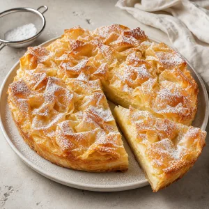 Pastel rizado de leche frío espolvoreado con azúcar y cortado