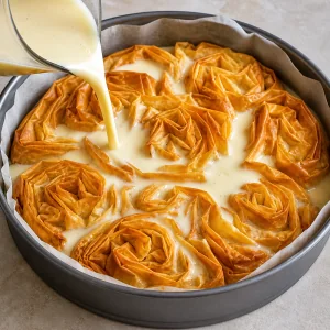 Crema vertida entre pliegues dorados de filo
