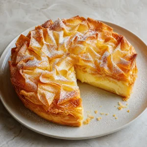 Finished ruffled milk pie dusted with sugar and sliced